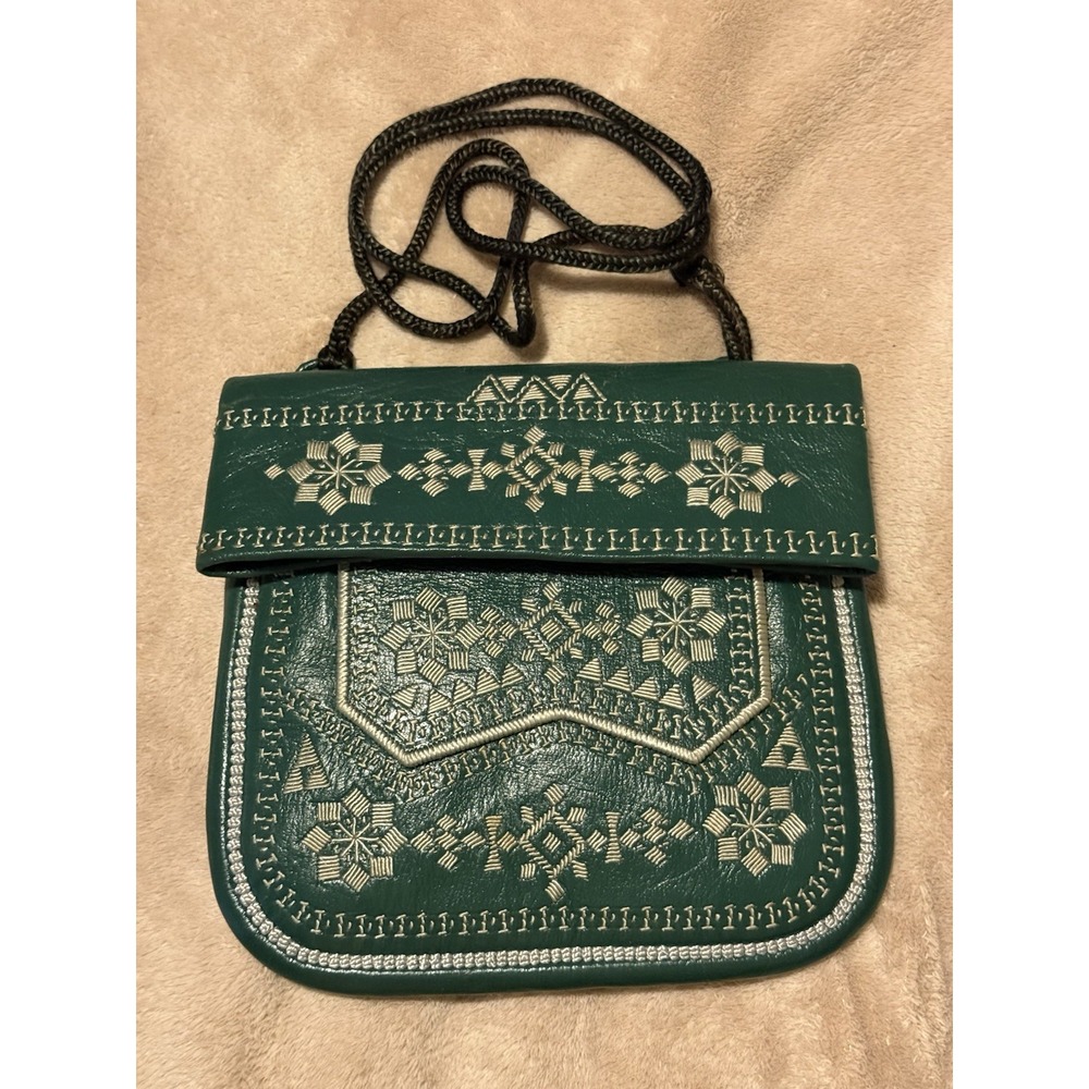 Vintage 70s/80s Green Embroidered Folk Art Boho Crossbody Shoulder Bag
